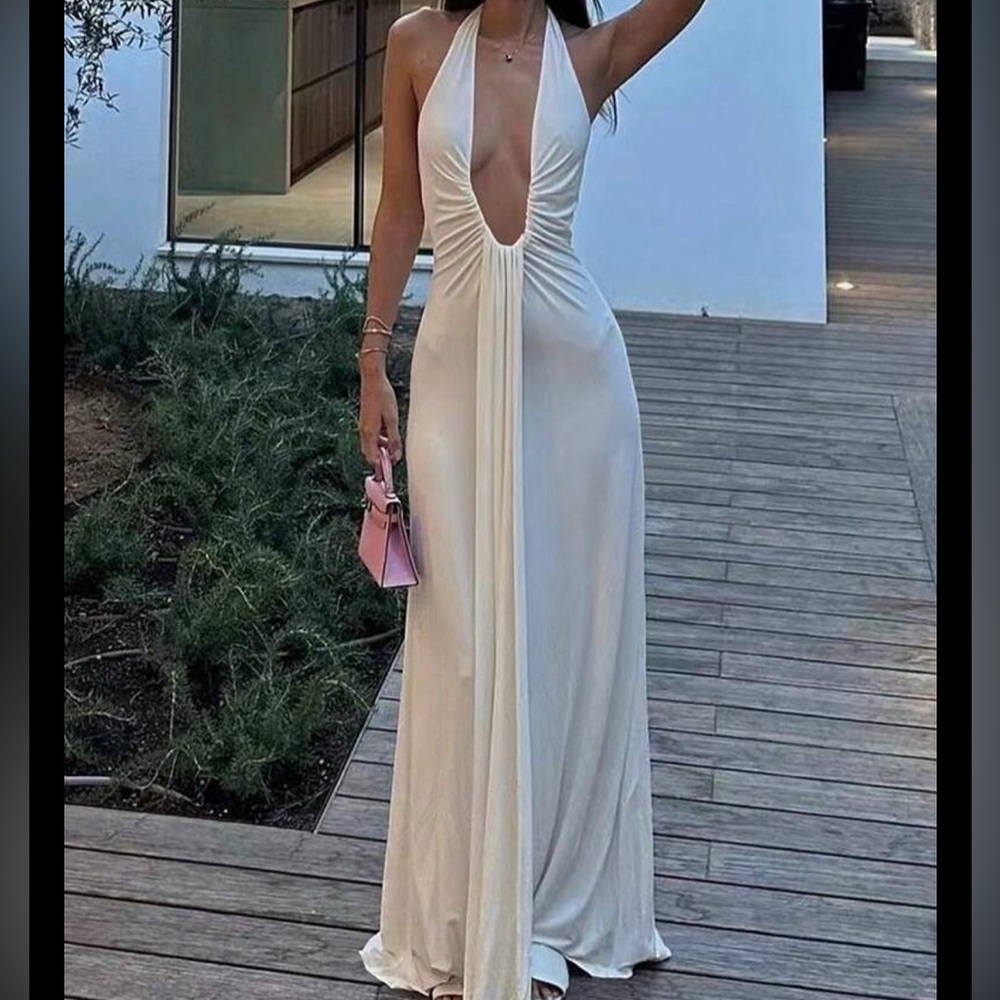 SHEIN Cream Backless Halter Dress